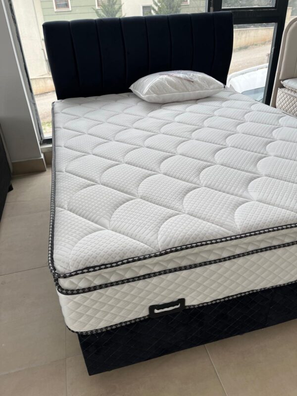 Velvet Navy Çift Kişilik Dikey Hatlı Baza Başlık ve Yatak Seti